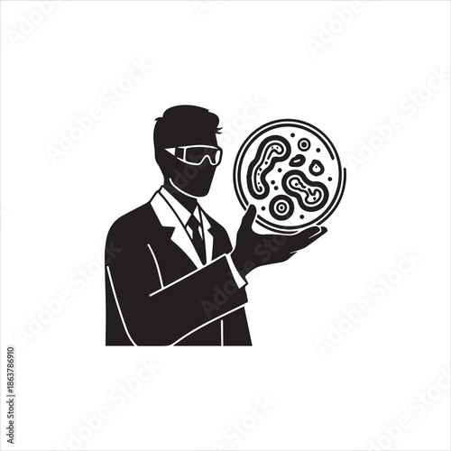  Silhouette scientist holding petri dish bacteria virus infection study vector illustration