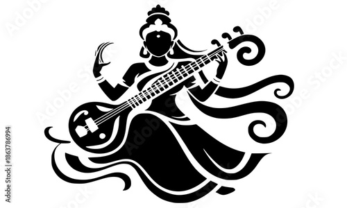 Goddess Saraswati silhouette playing veena with floral laurel, Hindu deity of music and arts, spiritual Indian cultural icon, elegant black vector illustration isolated on white background