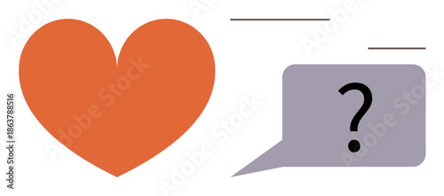 Love, relationships, emotional insight, communication, questions, understanding. A heart next to a speech bubble with a question mark. Love and relationships conceptual visual for communication