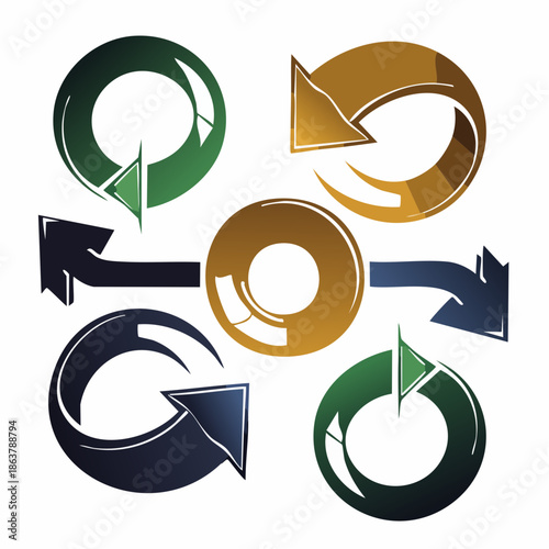 Set of circular arrows in green, gold, and navy blue, representing cycles and data flow