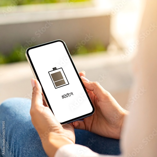 A person holds a smartphone showing a charging battery icon, with a battery level of 80%. The background blurs out the surroundings