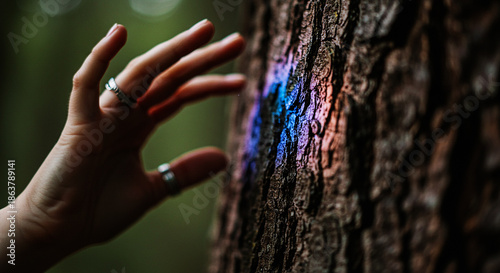 Hand gently touching a tree trunk, with a small, glowing blue and purple light emanating from the bark — mystical, serene, and symbolic of a connection between humanity and nature