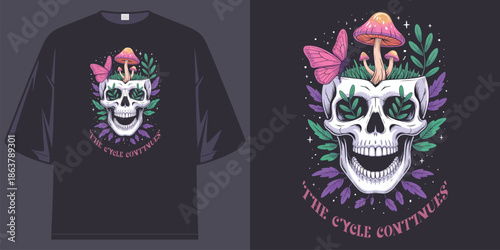 the cycle continues skull mushrooms plants butterfly graphic apparel vintage t shirt design vector illustration artwork t shirt design vector illustration artwork
