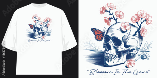 blossom in the grave a vintage skull with cherry blossoms and butterfly graphic apparel t shirt design vector illustration artwork

