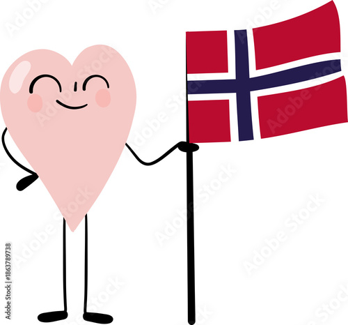 Photography illustration of Norway flag with heart cartoon character