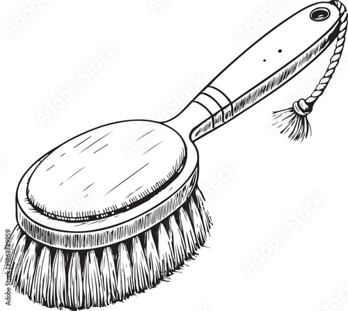 dry brushing body brush for cellulite Hand-drawn Sketch Drawing Vector Illustration, Line Linear Symbol Engraving Coloring Book, Black and White Isolated