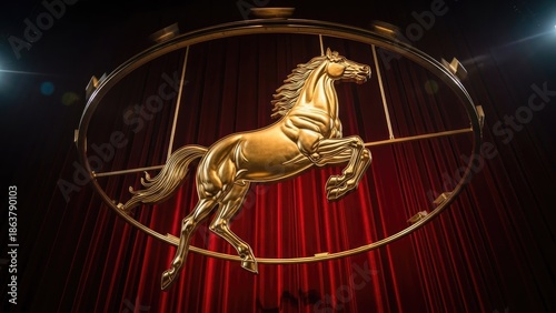 Golden horse sculpture, symbol of elegance and power, suspended within a dramatic spotlight against red velvet curtains