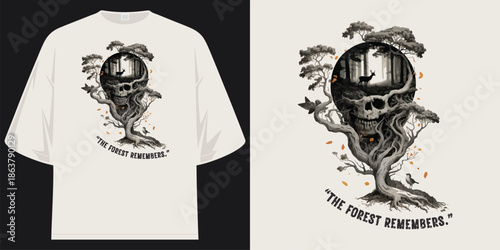 the forest remembers skull tree deer nature wilderness graphic apparel t shirt design vector illustration artwork
