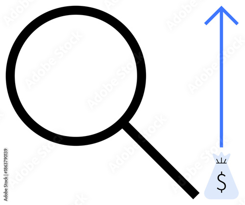 Magnifying glass beside upward blue arrow and dollar bag symbolizing financial analysis, business growth, success strategies, investment opportunities. Ideal for finance, business analytics, economic