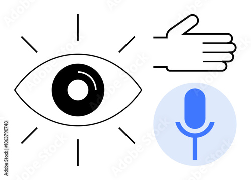 Accessibility, communication, voice control, visual recognition, technology integration, futuristic design. Eye symbol, hand gesture and a rounded microphone icon. Accessibility and communication