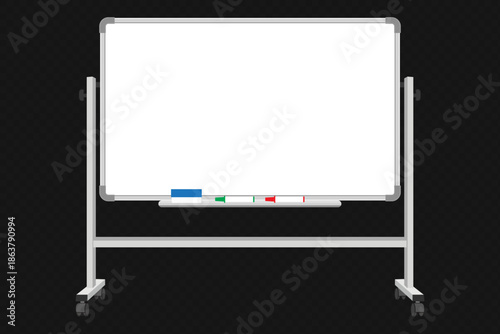 Horizontal whiteboard on stand, blank presentation board illustration with markers and eraser for office meeting classroom teaching and training template