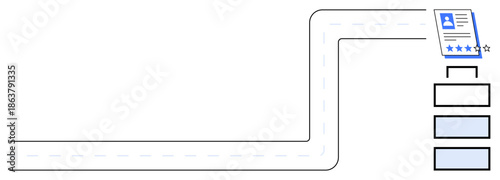 Document with rating stars at the end of a road, connecting to three stacked boxes. Ideal for evaluation, workflow, goal-setting, improvement, organization, assessment clarity. Simple flat metaphor