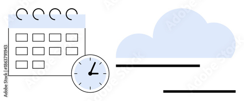 Calendar with spiral binding, clock nearby, abstract cloud shape, and lines. Ideal for scheduling, organization, productivity, deadlines, flexible planning cloud services simple flat metaphor