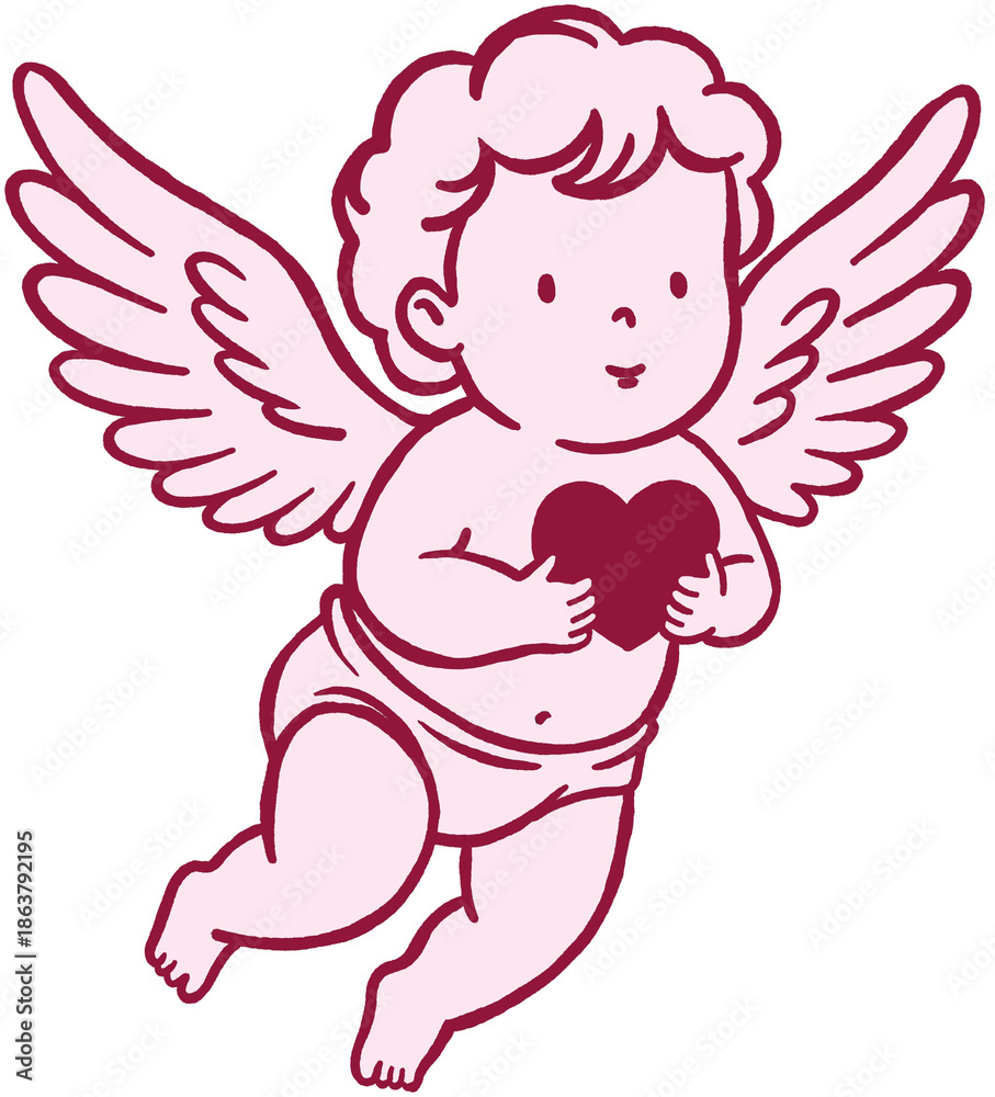 Fototapeta premium Red and pink color cupid holding heart line art.