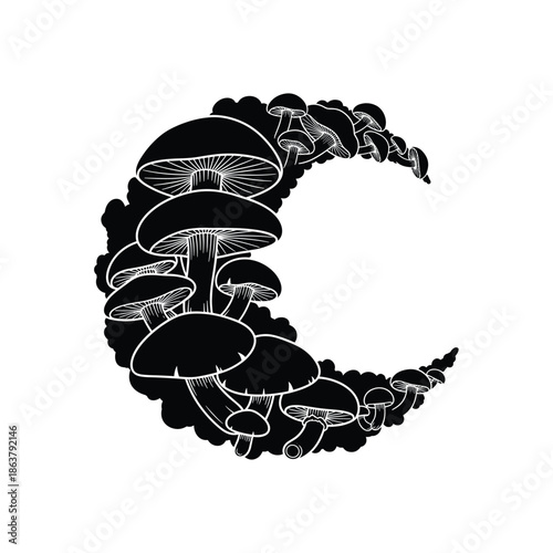 Mushrooms forming a crescent moon isolated on white background, Vector, illustration