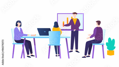 Business team discussing data on whiteboard in meeting