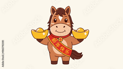 cartoon horse with gold coins chinese new year