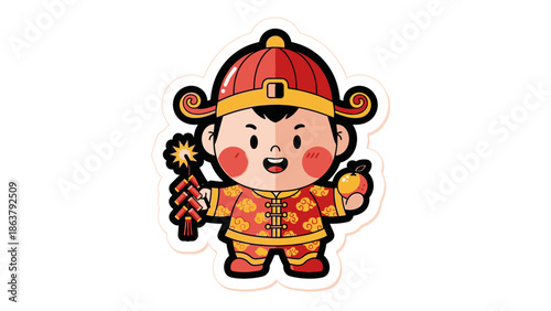 chinese new year sticker, cartoon child in traditional clothes