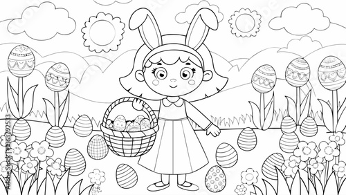 Little girl in bunny ears holding Easter eggs in basket