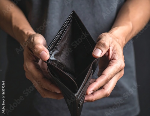 A person holds open an empty, dark brown wallet, expressing financial hardship. The background is a dark grey