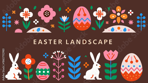 Vibrant Easter landscape with bunnies and decorated eggs