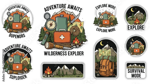 A collection of travel related items and landmarks on a white background