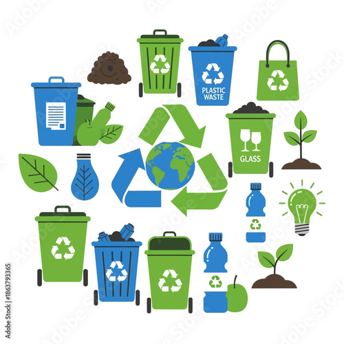 A vibrant illustration depicting various recycling symbols, bins, and eco-friendly elements arranged in a circular pattern, emphasizing environmental conservation.