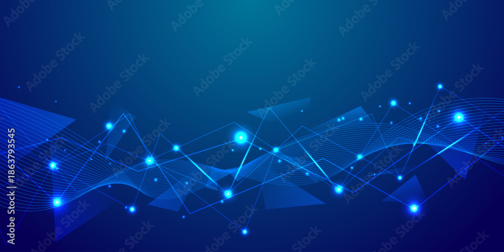 Obraz premium Abstract blue technology background with geometric triangles and glowing light particles for digital connectivity network, cyber security theme, and futuristic data science presentation design
