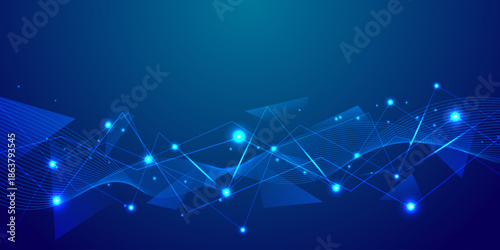 Abstract blue technology background with geometric triangles and glowing light particles for digital connectivity network, cyber security theme, and futuristic data science presentation design
