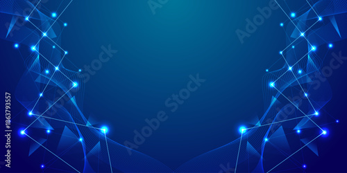 Abstract blue technology background with geometric triangles and glowing light particles for digital connectivity network, cyber security theme, and futuristic data science presentation design