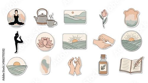 A collection of travel related items and landmarks on a white background