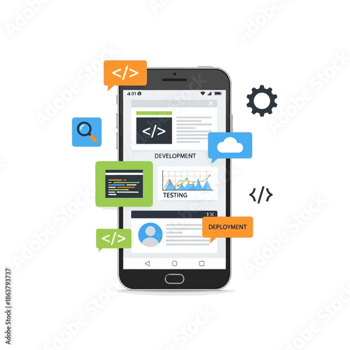 Mobile application development process illustration with smartphone, coding, testing, and deployment icons.