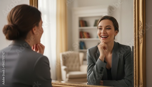 Confident Young Businesswoman Smiling at Her Reflection in Large Gold Frame Mirror