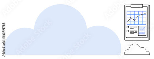 Cloud technology, data management, analytics, business planning, remote storage, digital transformation. Large cloud with a clipboard displaying a statistical chart. Cloud technology and data