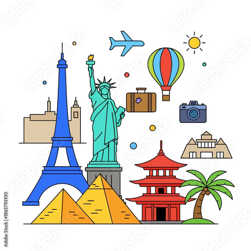 Cartoon landmarks and travel symbols around the world.