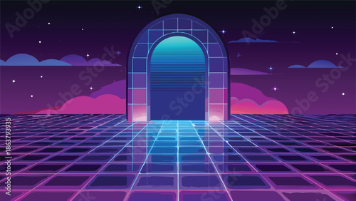 Retro 80s neon backdrop with a door, showcasing vivid colors and a playful design..eps