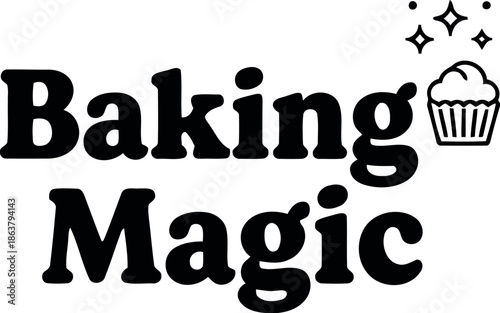 Baking Magic Logo with Cupcake Icon and Sparkles for Bakery Branding and Pastry Shop Marketing