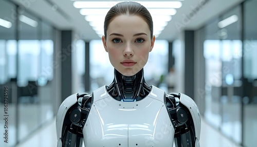 A realistic android, posing in a modern office hallway