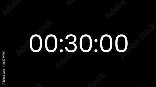 30 second countdown timer with white elements on black background, clean minimal modern design for intro video, opening scene, presentation, trailer, and professional motion graphic countdown.