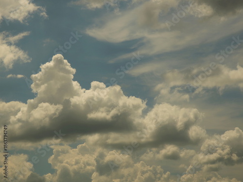 Clear blue sky with cumulus and cirrus clouds. Sunny weather. Joyful mood. High pressure. Clean air ecology. Water in a gaseous state. The source of rain and hail. Weather prediction