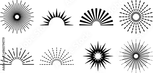 Intricate collection of black and white sunburst designs in vector illustration