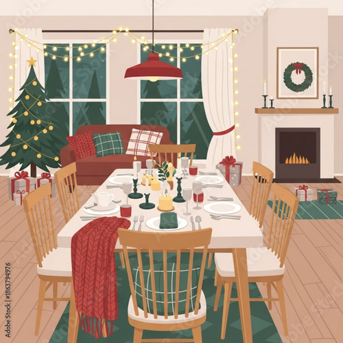Cozy Christmas dining room scene festive holiday table setting with decorated tree and fireplace perfect for seasonal greetings and winter celebrations