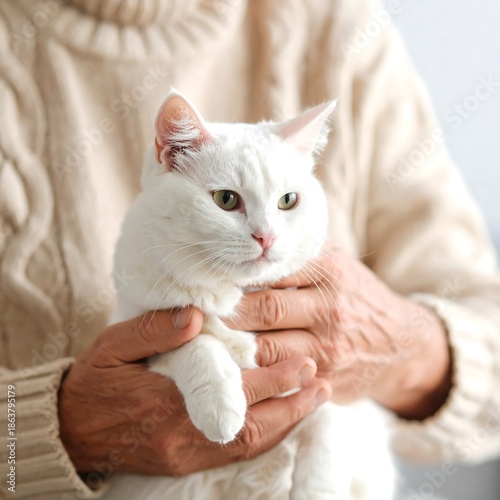 A person in a cream-colored sweater holds a fluffy, white cat with soft, green eyes. Close-up shows the cat being cradled
