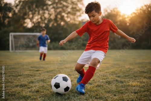 Asian Young Boy Kicking Soccer Ball on Green Field During Golden Hour Sunset Sports Action