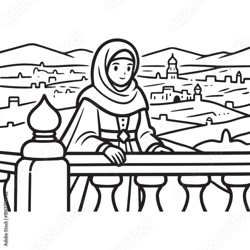  Beautiful Muslim Woman Wearing Hijab Standing On Balcony Overlooking Historic Middle Eastern City.