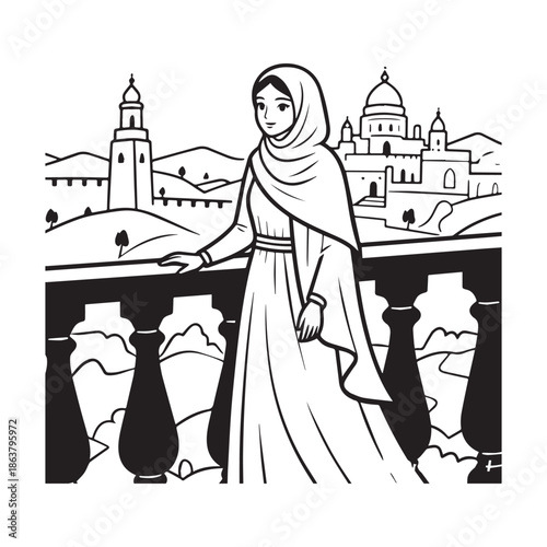  Beautiful Muslim Woman Wearing Hijab Standing On Balcony Overlooking Historic Middle Eastern City.
