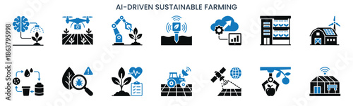 AI-Driven Sustainable Farming and Smart Agriculture Technology Icon Set. Future Farming, AgriTech, and IoT Vector Icons.