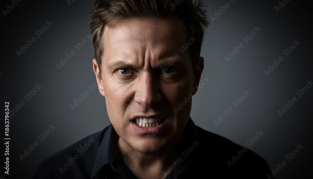 Obraz premium Portrait of a Furious Middle-Aged Man Showing Intense Anger and Rage on Dark Background