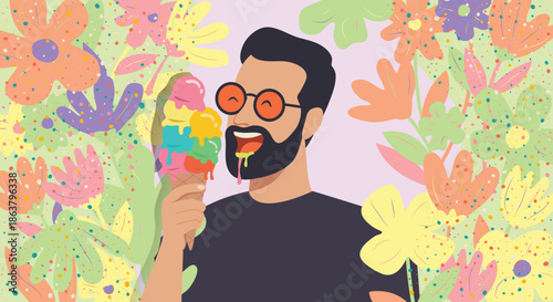 happy smiling beard man enjoy eating ice cream cone alone,  colorful tropical pastel summer floral flower background , vector art