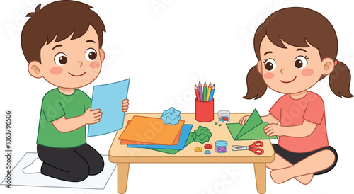 Children doing arts and crafts together, cute kids paper crafting activity, creative learning, preschool education, teamwork, childhood creativity